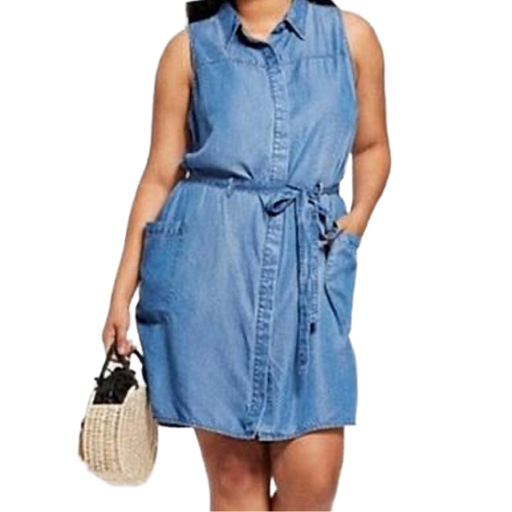 A New Day Blue Chambray Denim Blue Tie Waist Midi Dress XS XSMALL NEW